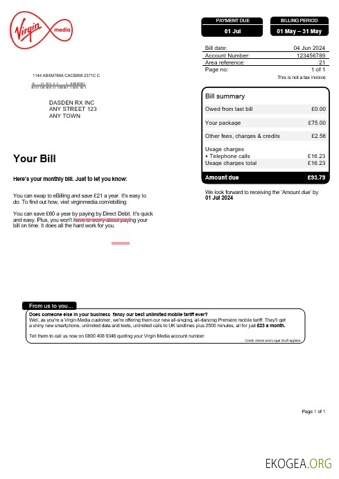 Facture de services publics de Virgin Media au Royaume Uni, modèle Word et PDF